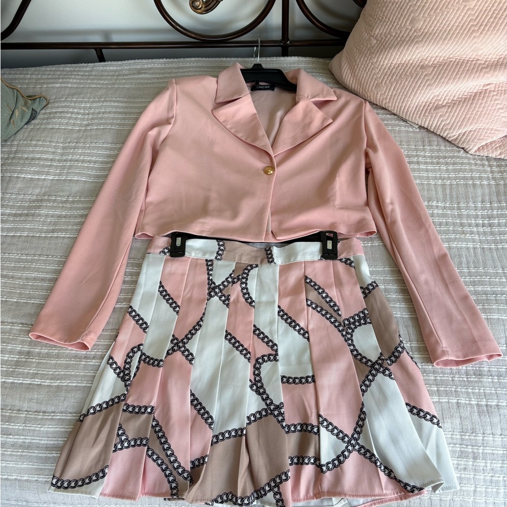 Chic Pink Blazer and Pleated Skirt